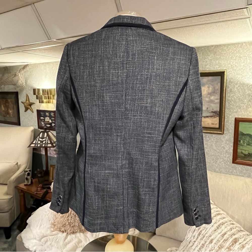 TOMMY HILFIGER Womens 10 Navy Blue Tweed Linen Look Jacket Blazer Lapel Logo Pin - Picture 2 of 16